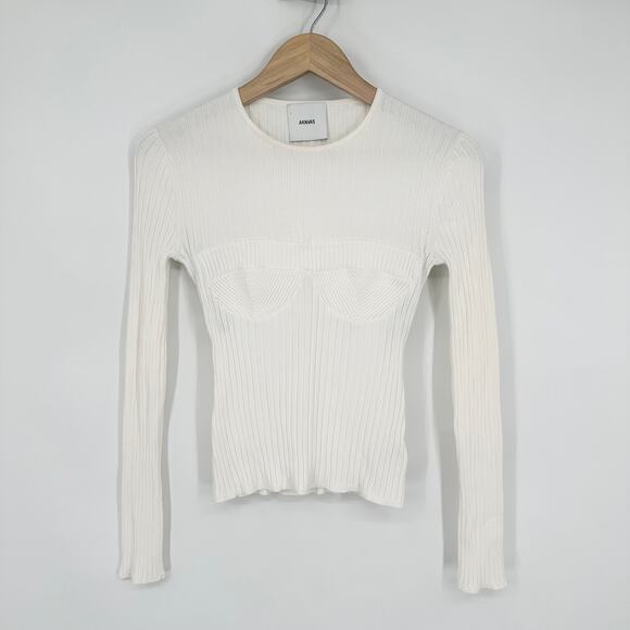 AKNVAS Faye Knit Top Crew Neck Corset Stitch Bustier Ribbed Long Sleeve, White - Picture 7 of 16